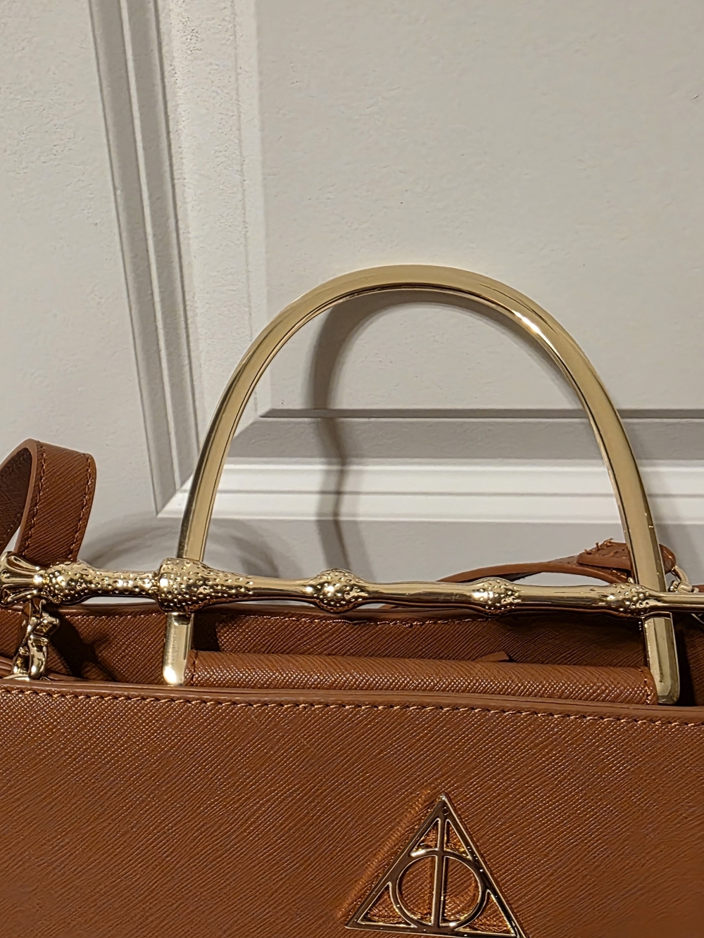 Loungefly Harry Potter Cognac Brown Satchel with Gold Wand Handles - Picture 4 of 8
